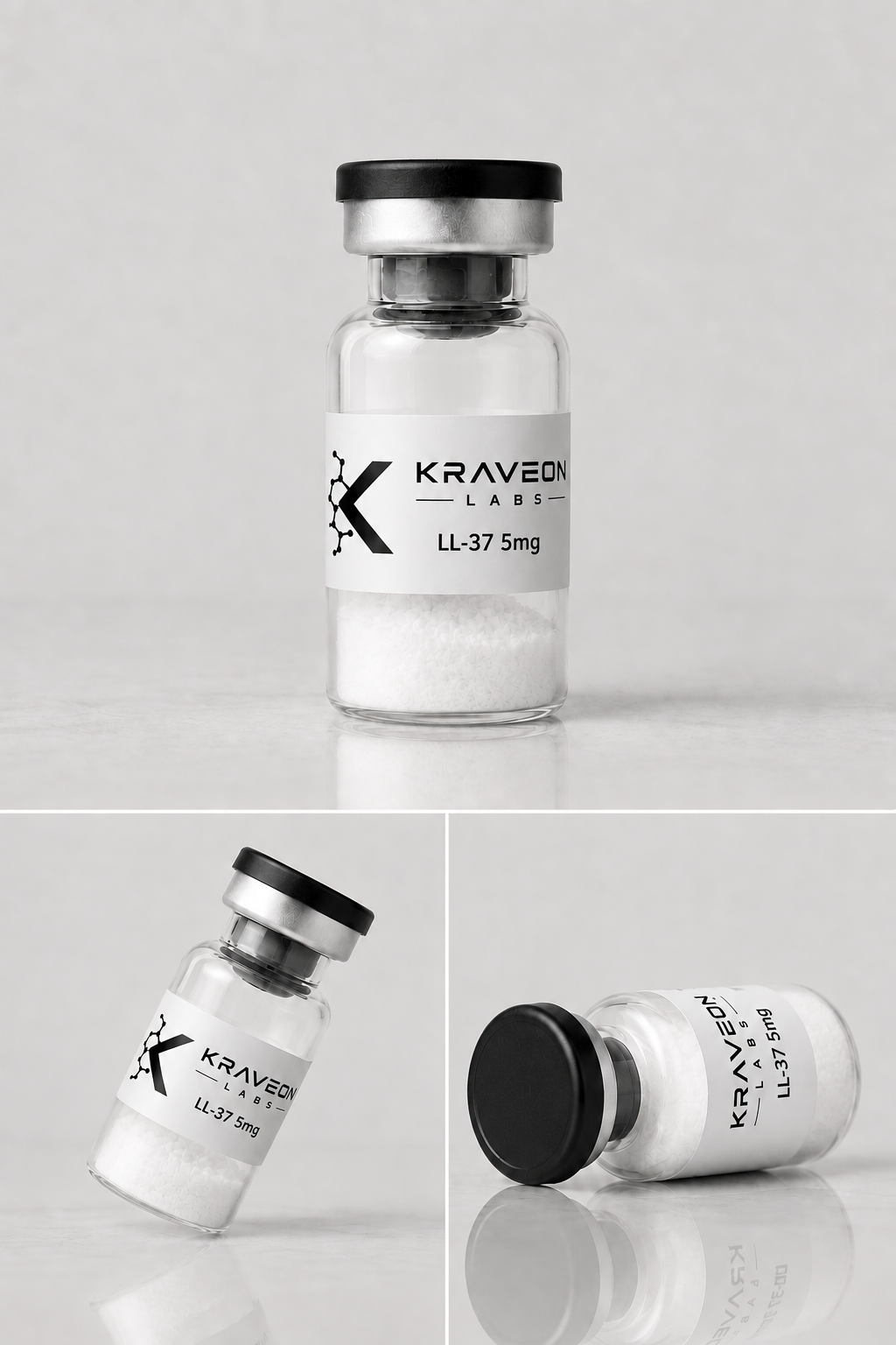 Kraveon Labs LL-37 5mg vial triptych with black caps