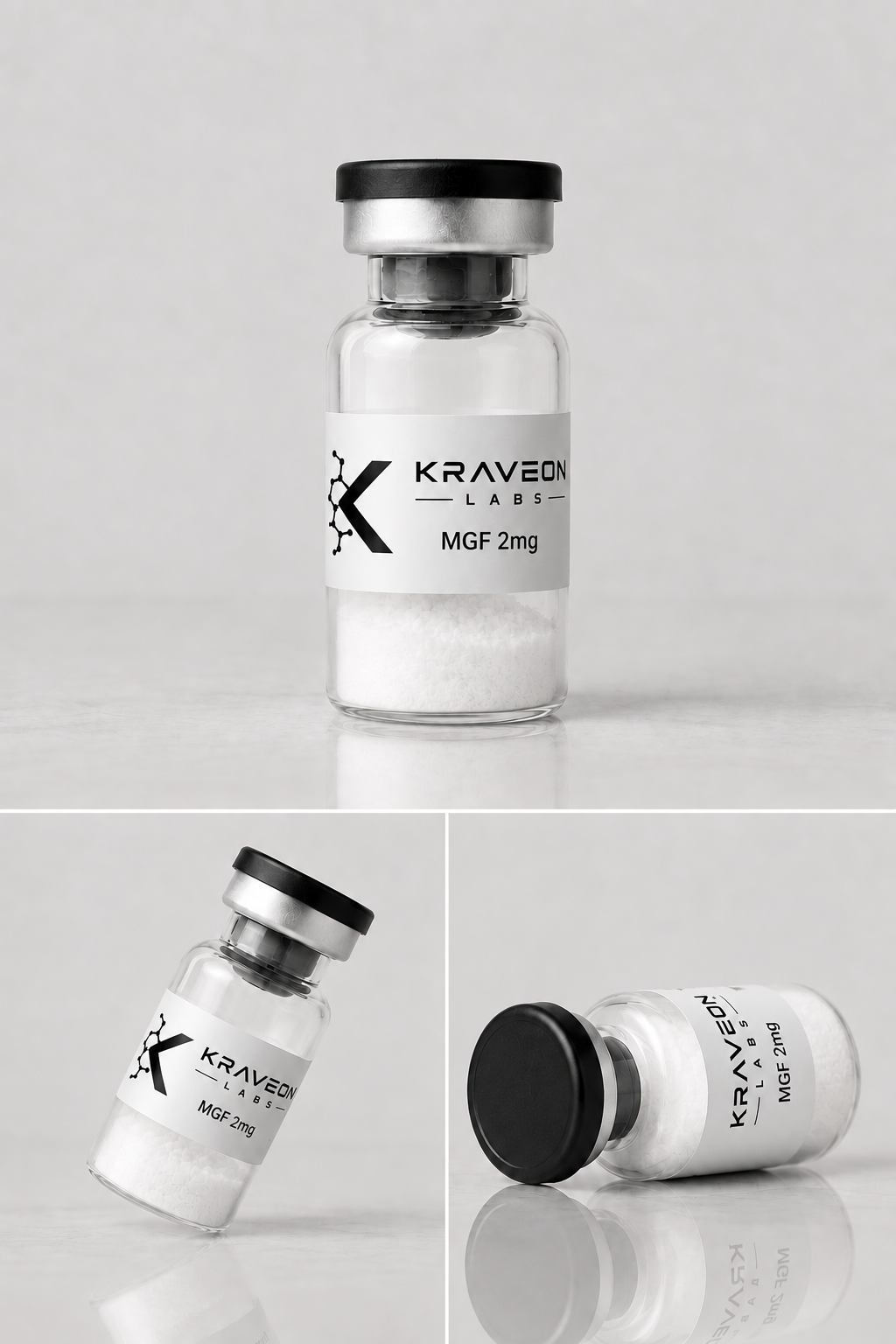 Kraveon Labs MGF 2mg vial triptych with black caps