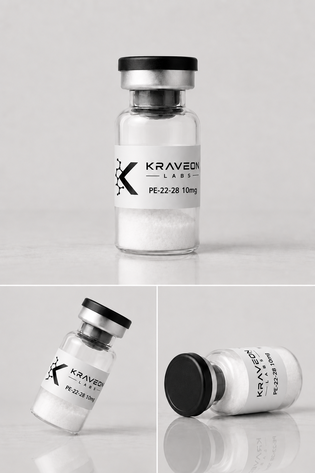 Kraveon Labs PE-22-28 10mg black cap vial triptych