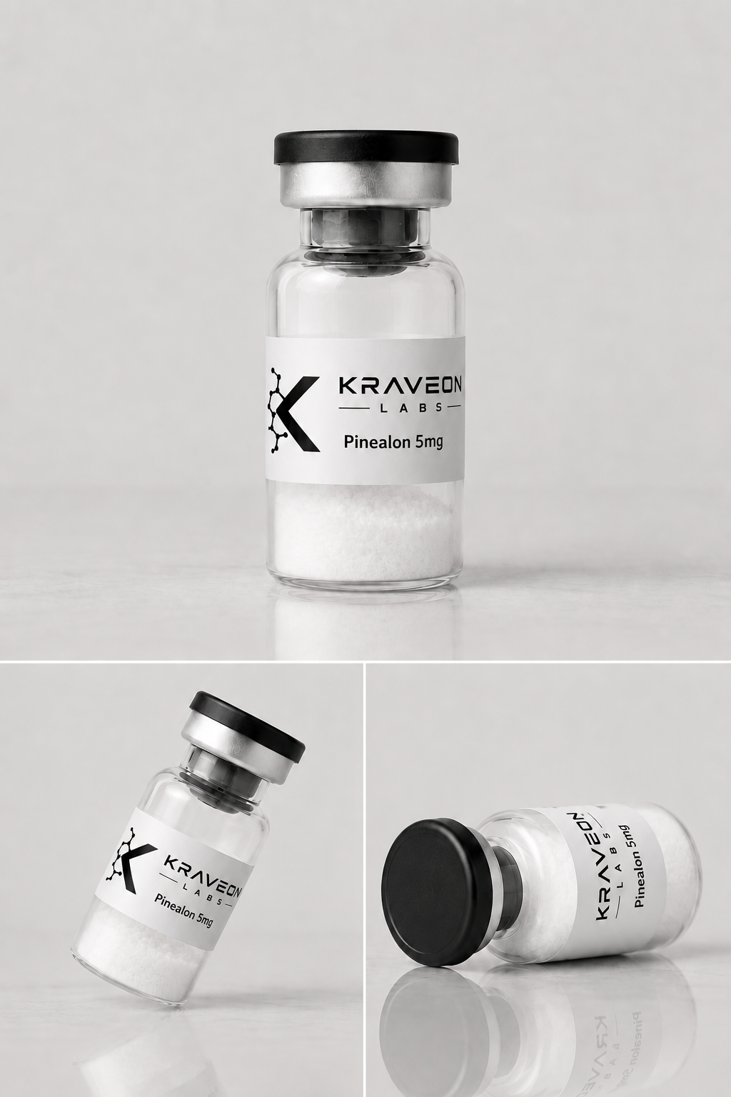 Kraveon Labs Pinealon 5mg black-cap vial triptych