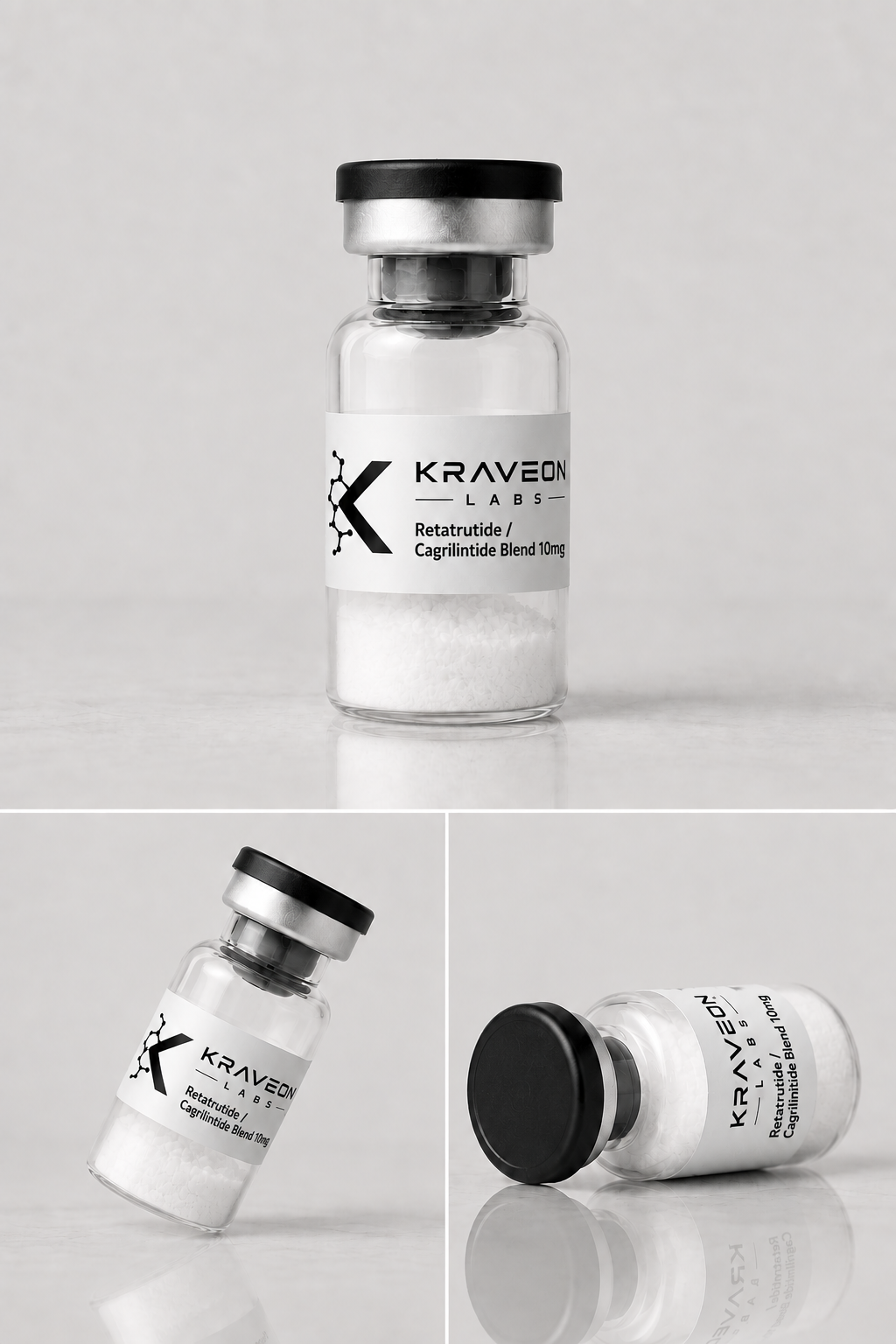 Kraveon Labs Retatrutide / Cagrilintide Blend 10mg black-cap vial triptych