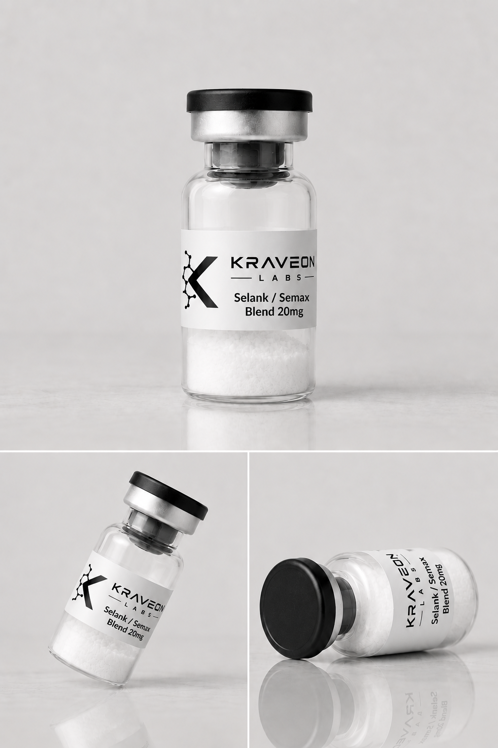 Kraveon Labs Selank / Semax Blend 20mg black-cap vial triptych