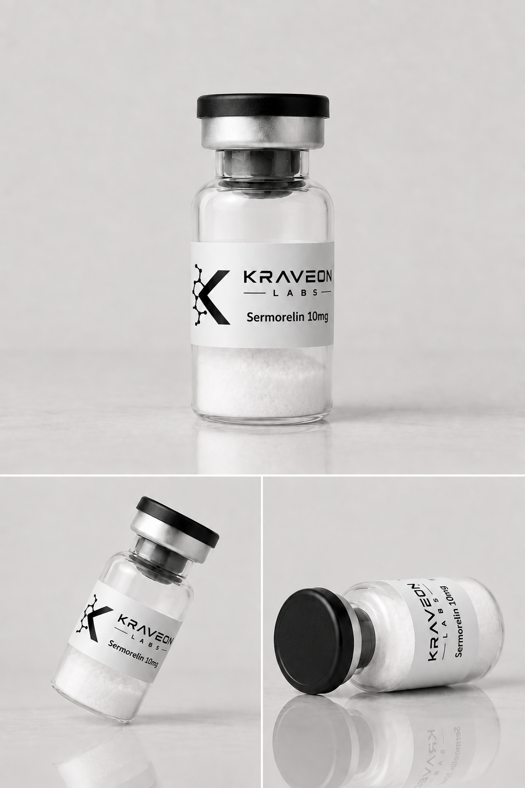 Kraveon Labs Sermorelin 10mg black-cap vial triptych