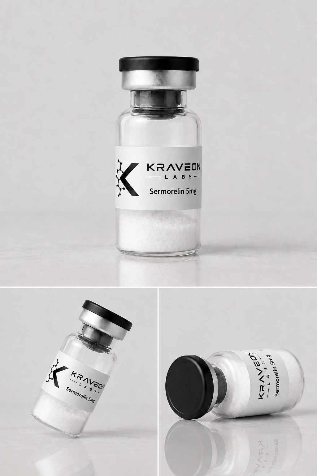 Kraveon Labs Sermorelin 5mg black-cap vial triptych
