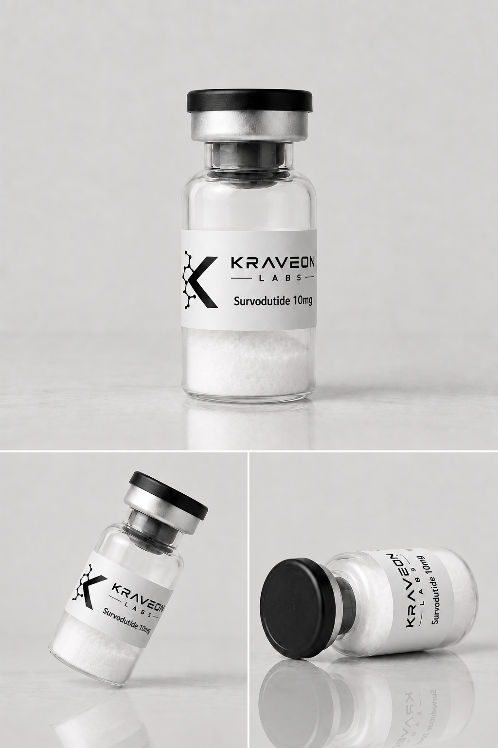 Kraveon Labs Survodutide 10mg black-cap vial triptych