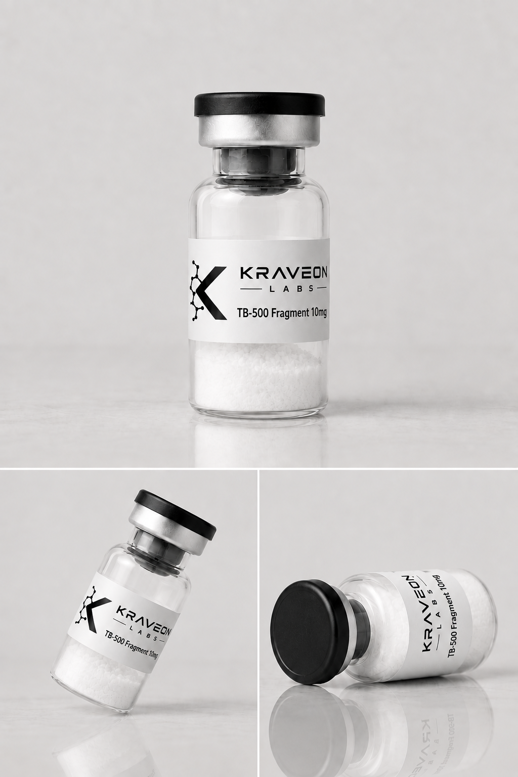 Kraveon Labs TB-500 Fragment 10mg black-cap vial triptych