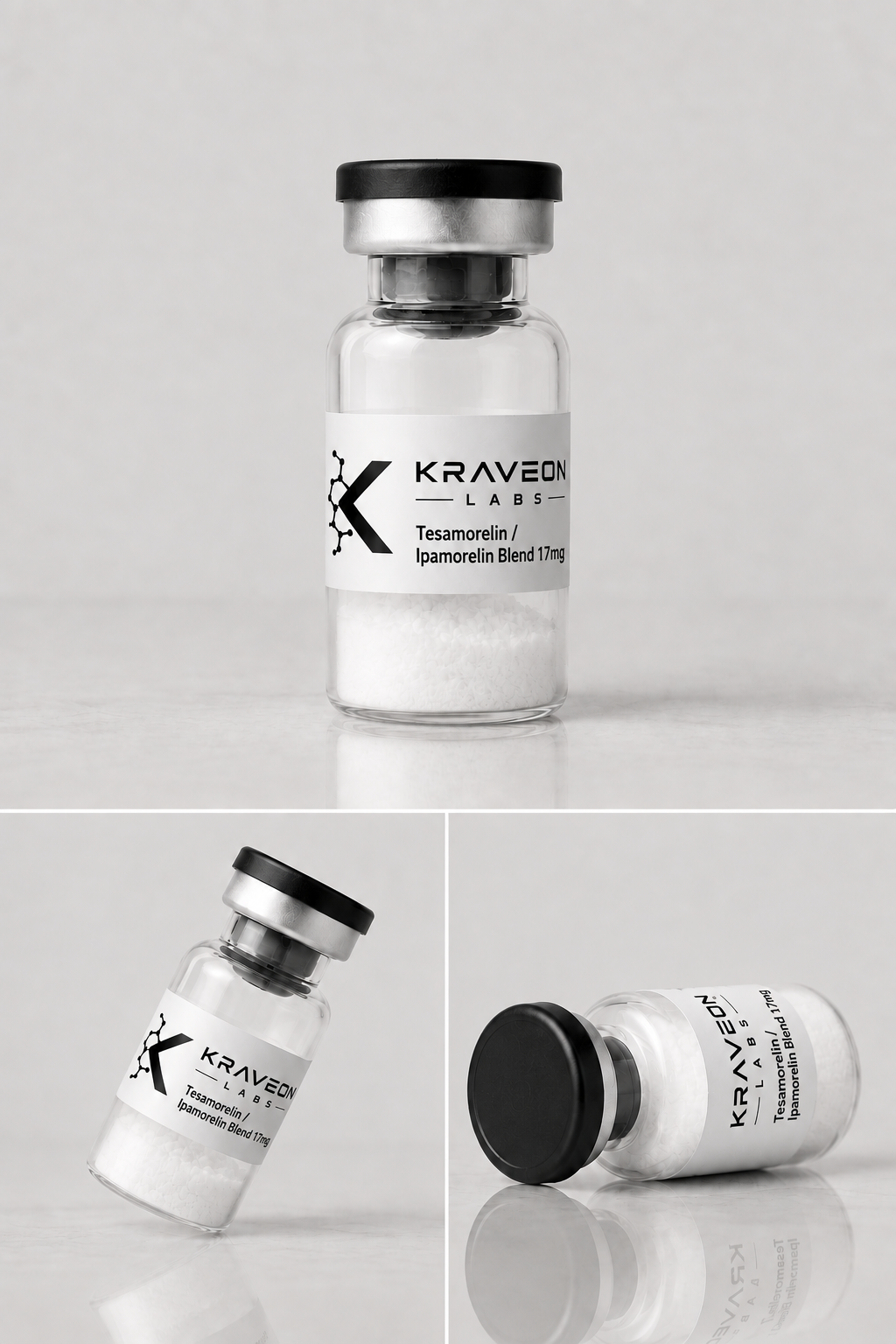 Kraveon Labs Tesamorelin / Ipamorelin Blend 17mg black-cap vial triptych